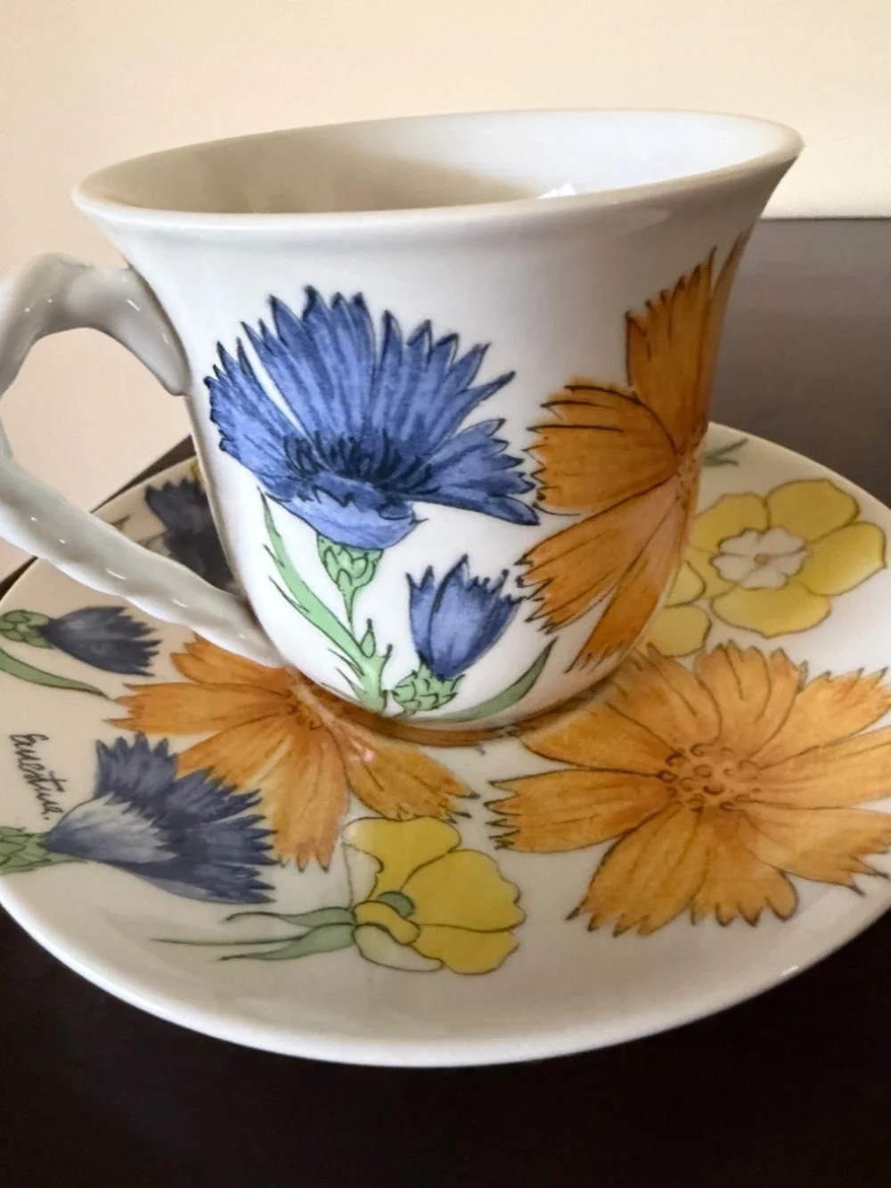MCM Vintage SIGNED Ernestine Salerno Italy Yellow Orange Blue Tea Cup Saucer Set